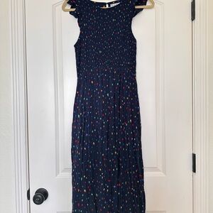 Navy blue confetti smocked maxi dress